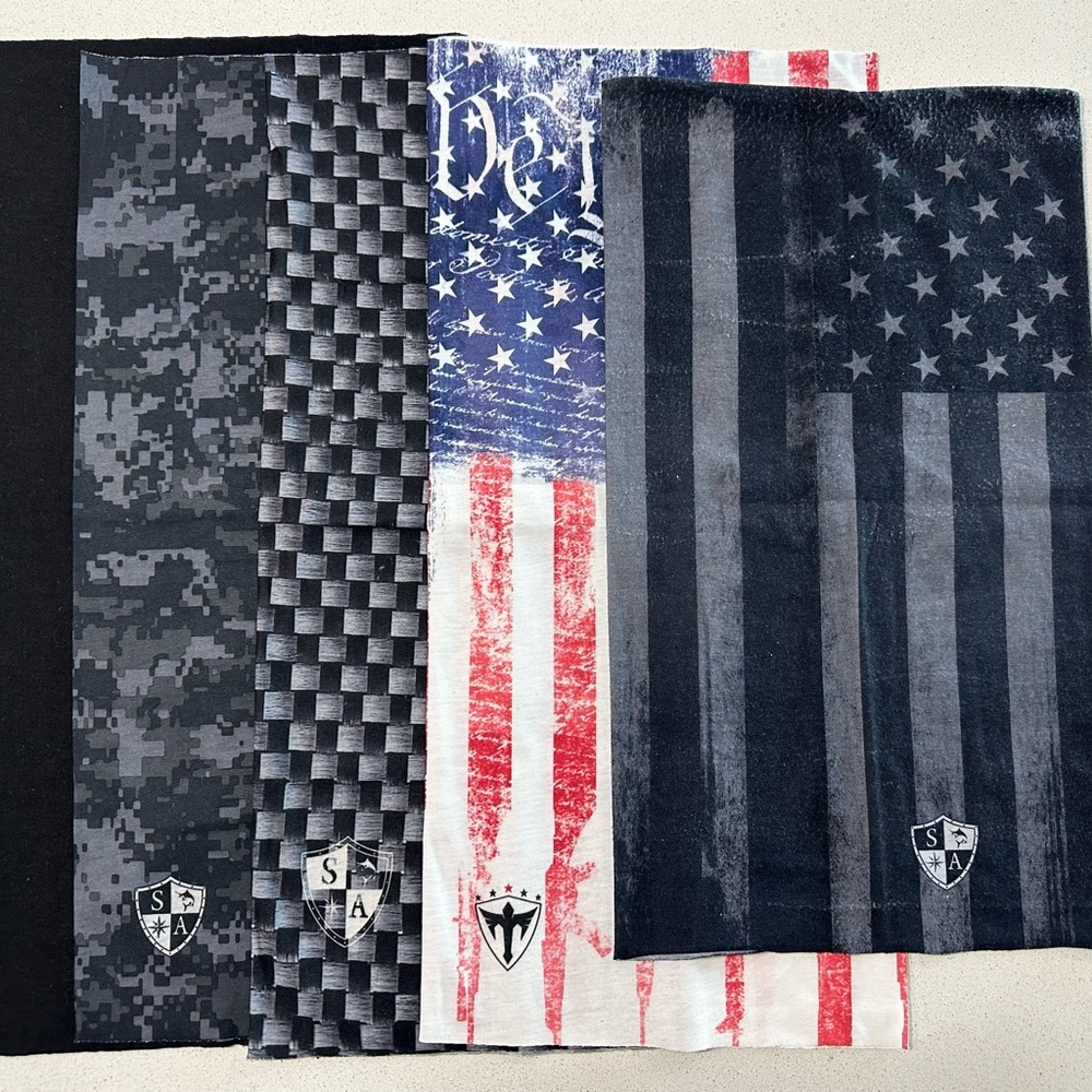 Set of 5 SA Company Face Shields / Neck Gaiters with American Flag Designs.